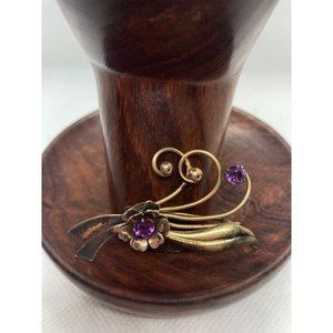 Vintage 1940s Harry Iskin Flower & Purple Glass Brooch Pin 10K Gold Filled